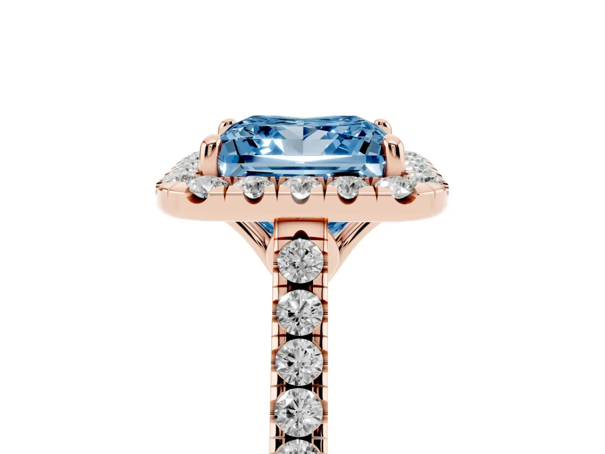 Fancy Blue Princess Cut Halo Pavé Diamond Engagement Ring with Four-Prong Setting Rose gold