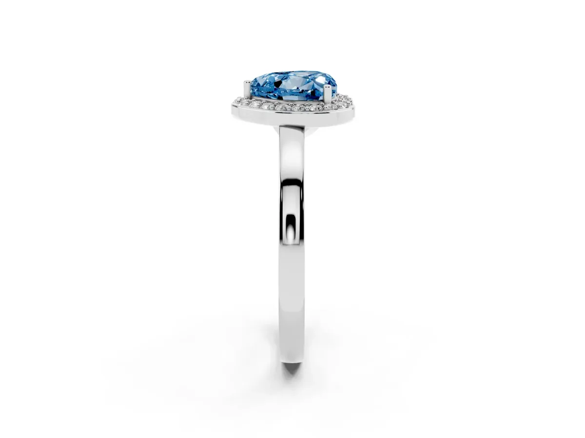 Fancy Blue Heart Cut Halo Diamond Ring with Solitaire Band and Prong Setting Silver