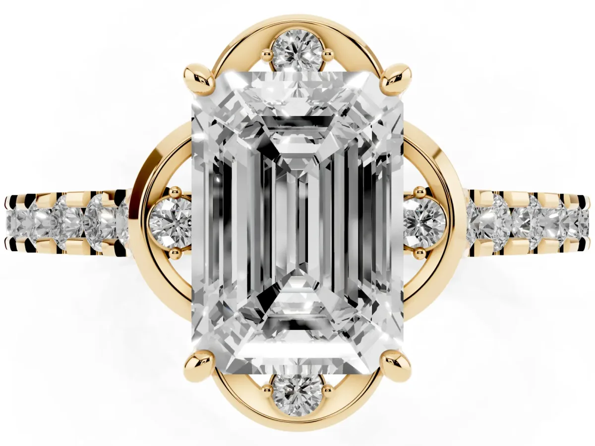 Emerald Cut Diamond Ring with Pavé Band and Floral Prong Setting Yellow gold