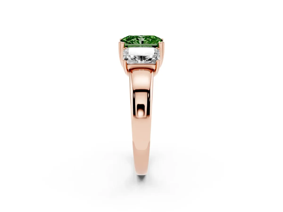 Fancy Green Three-Stone Radiant Cut Cut Diamond Ring with Channel Set Band and Four-Prong Setting Rose gold