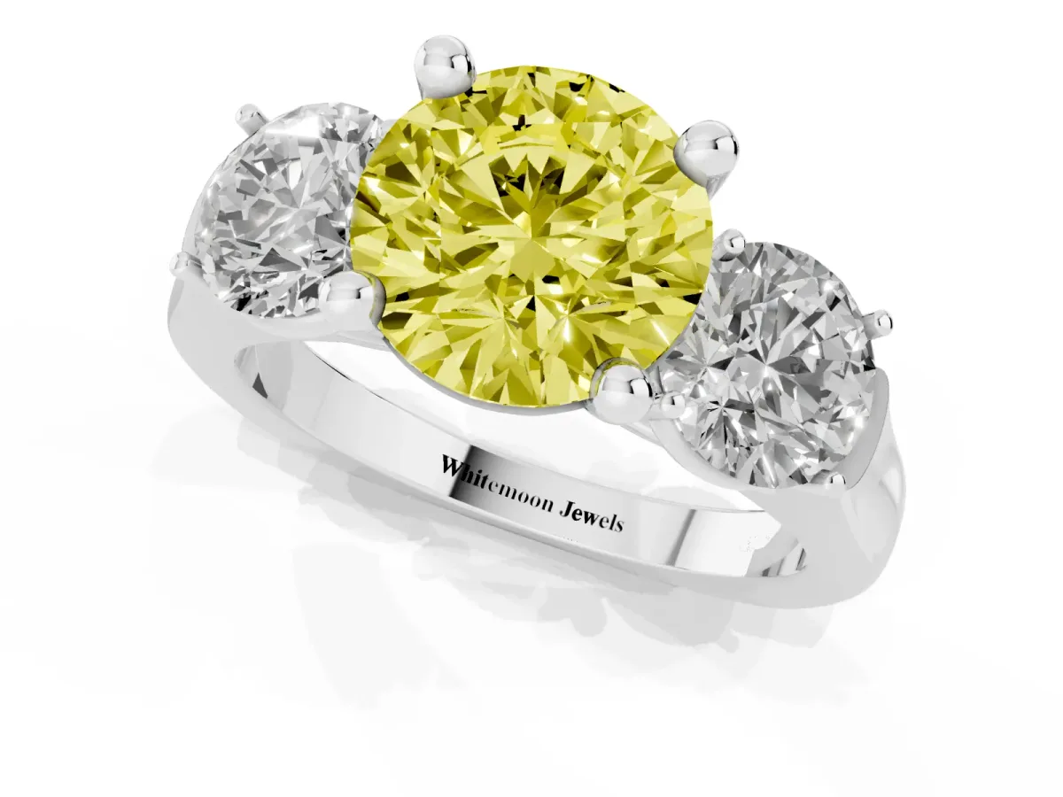 Fancy Yellow Three-Stone Round Cut Brilliant Diamond Trellis Ring with Comfort Fit Band White gold