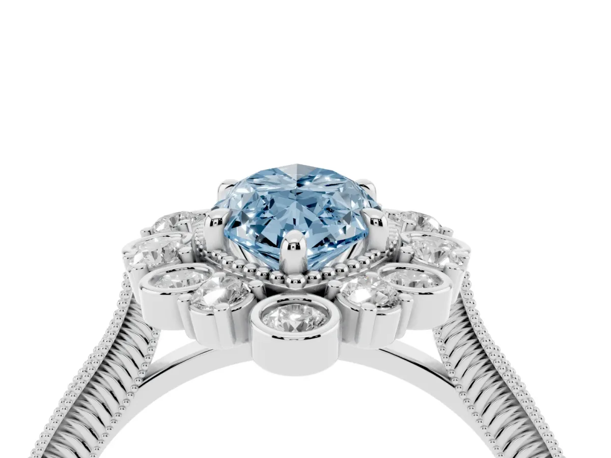 Fancy Blue Marquise Cut Halo Milgrain Pave Diamond Ring with Four-Prong Setting White gold