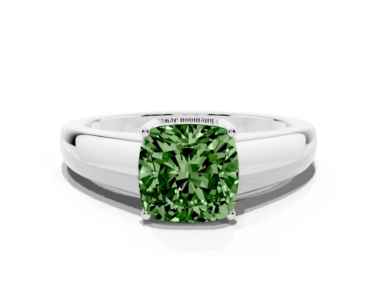 Fancy Green Cushion Cut Solitaire Diamond Ring with Tapered Band and Four-Prong Setting Silver