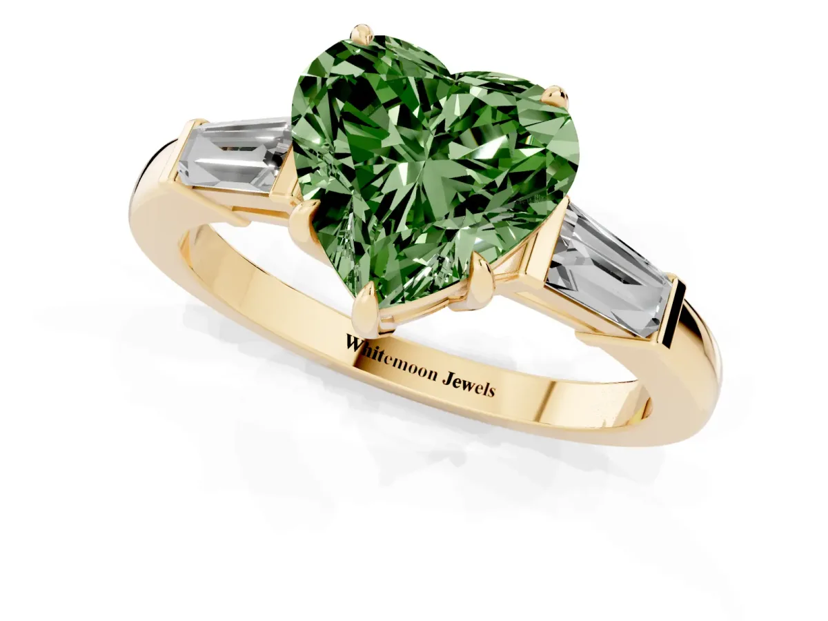 Fancy Green Heart Cut Diamond Three-Stone Ring with Tapered Baguette Side Stones and Prong Setting Yellow gold
