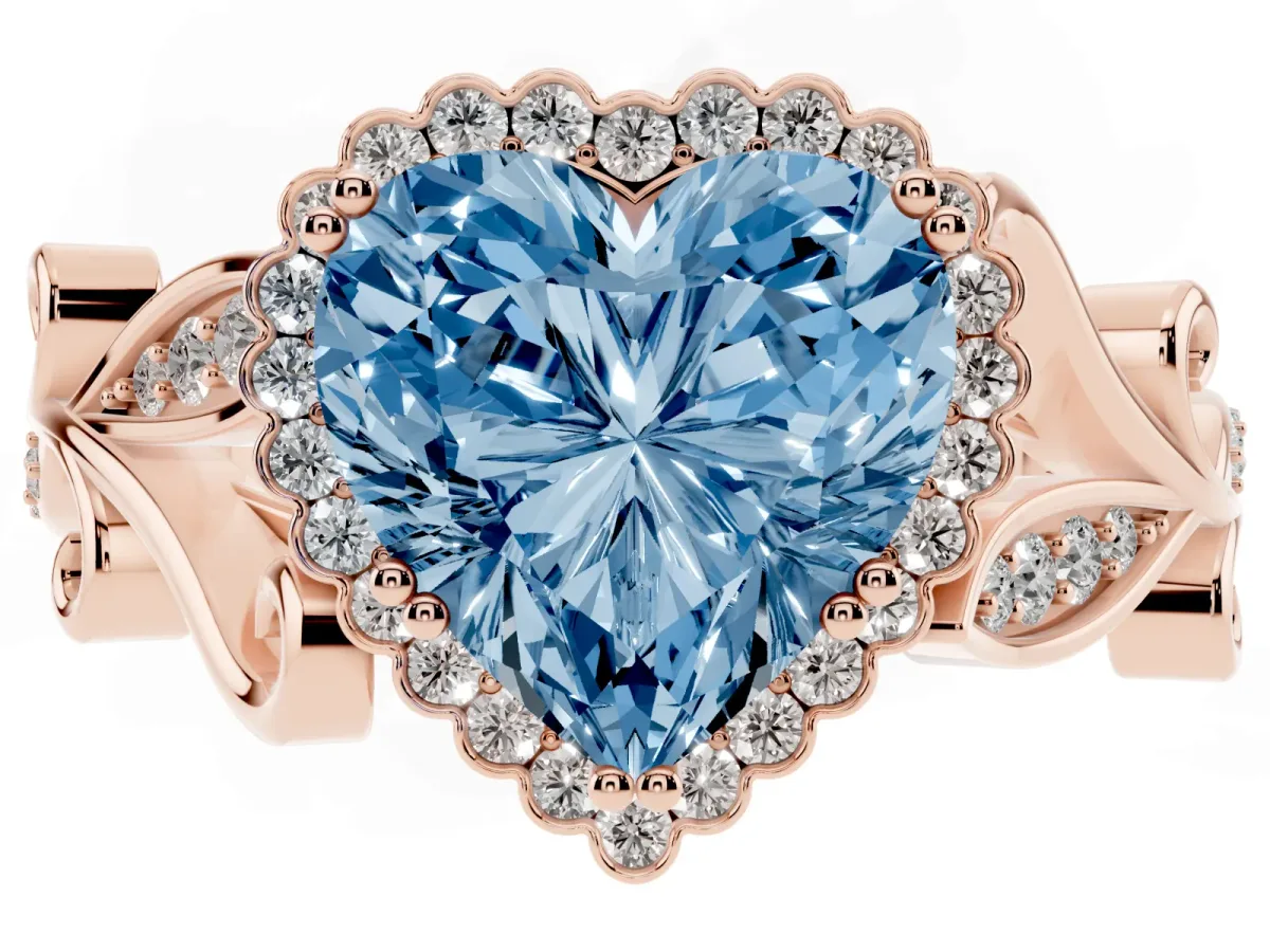 Fancy Blue Heart Cut Diamond Halo Ring with Vintage Split Shank and Four-Prong Setting Rose gold