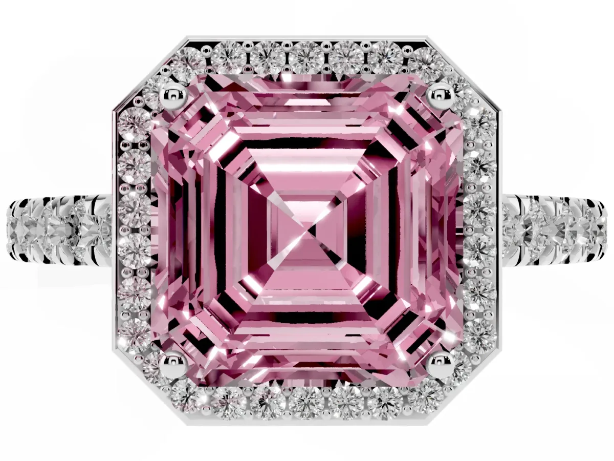 Fancy Pink Asscher Cut Cut Halo Diamond Engagement Ring with Pave Band and Four-Prong Setting White gold