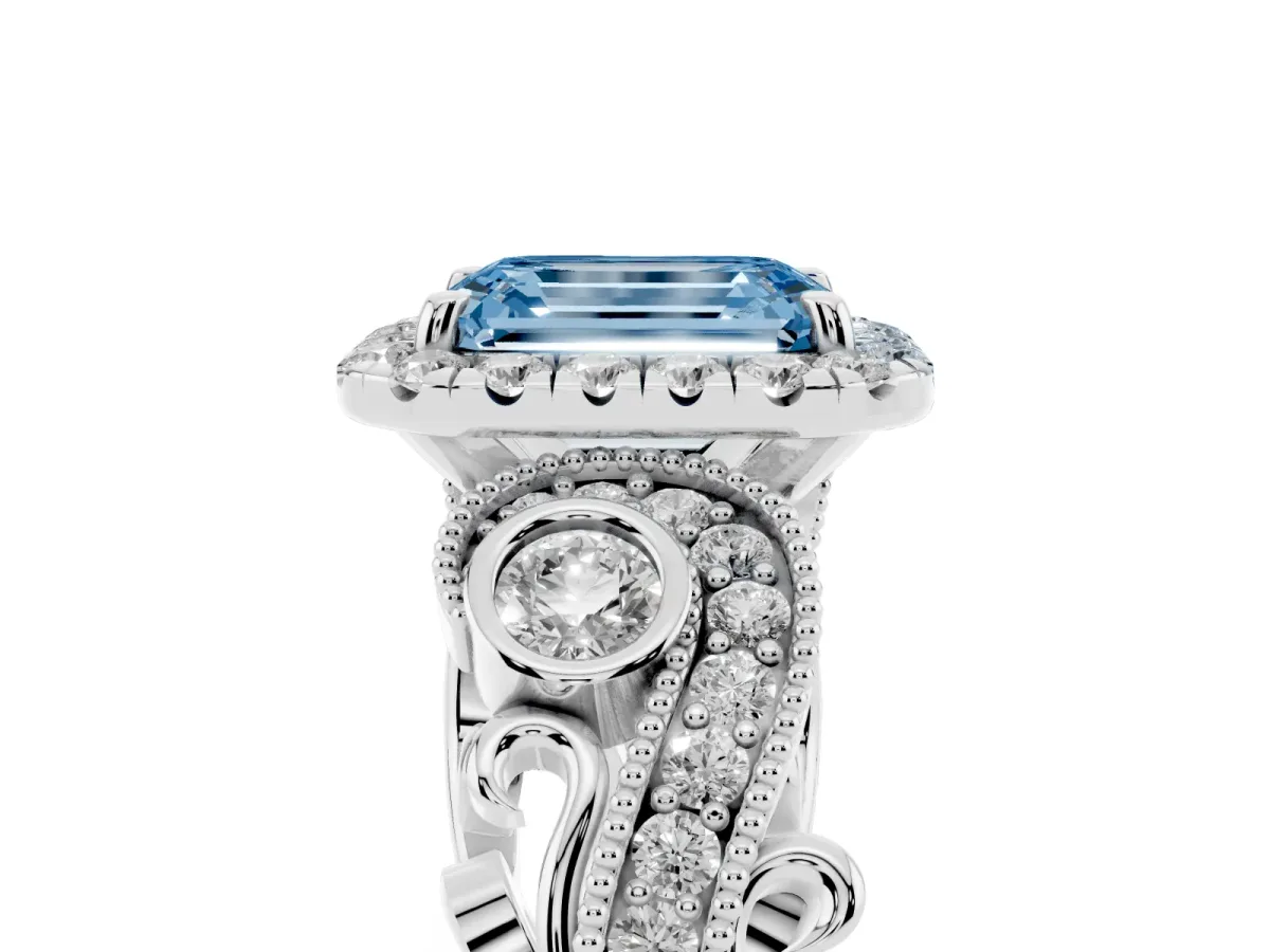 Fancy Blue Emerald Cut Diamond Halo Ring with Milgrain Pavé Band and Four-Prong Setting White gold