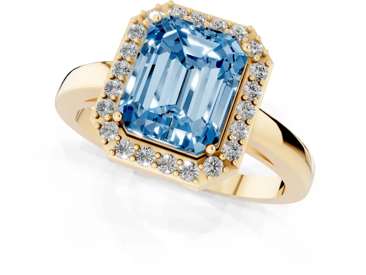 Fancy Blue Radiant Cut Halo Diamond Ring with Solitaire Band and Prong Setting Yellow gold