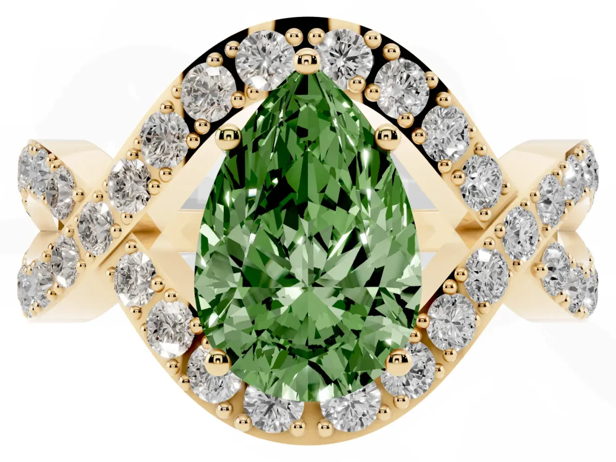 Fancy Green Pear Cut Solitaire Twist Band Pavé Diamond Engagement Ring Yellow gold