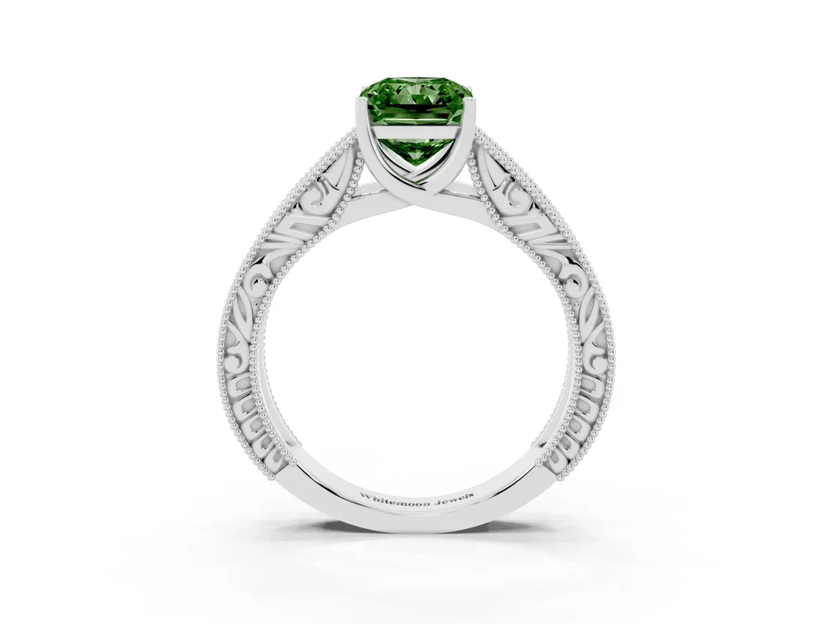 Fancy Green Radiant Cut Diamond Solitaire Ring with Engraved Band and Four-Prong Setting Platinum