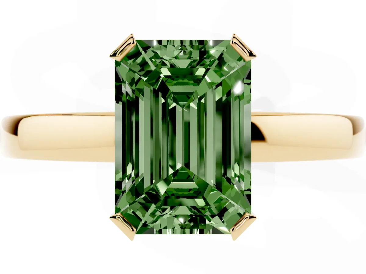 Fancy Green Emerald Cut Cut Solitaire Ring with Four-Prong Setting and Classic Band Yellow gold