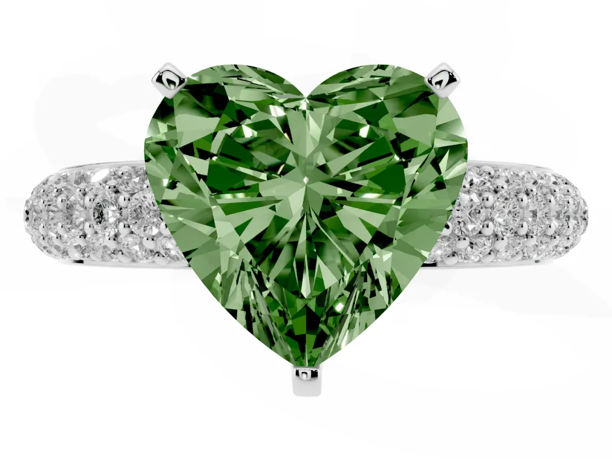 Fancy Green Heart Cut Diamond Solitaire Ring with Prong Setting and Pavé Band Silver