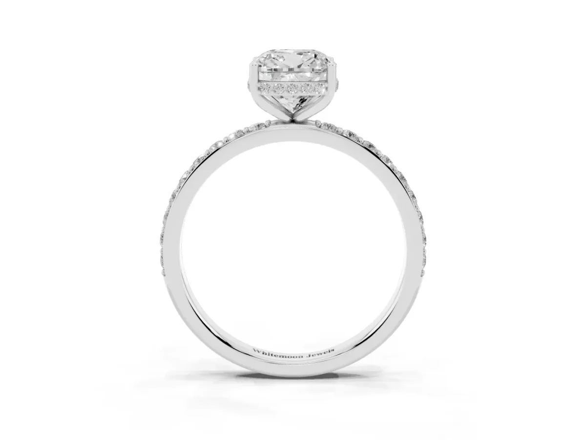 Cushion Cut Diamond Solitaire Ring with Pavé Band and Hidden Halo Silver