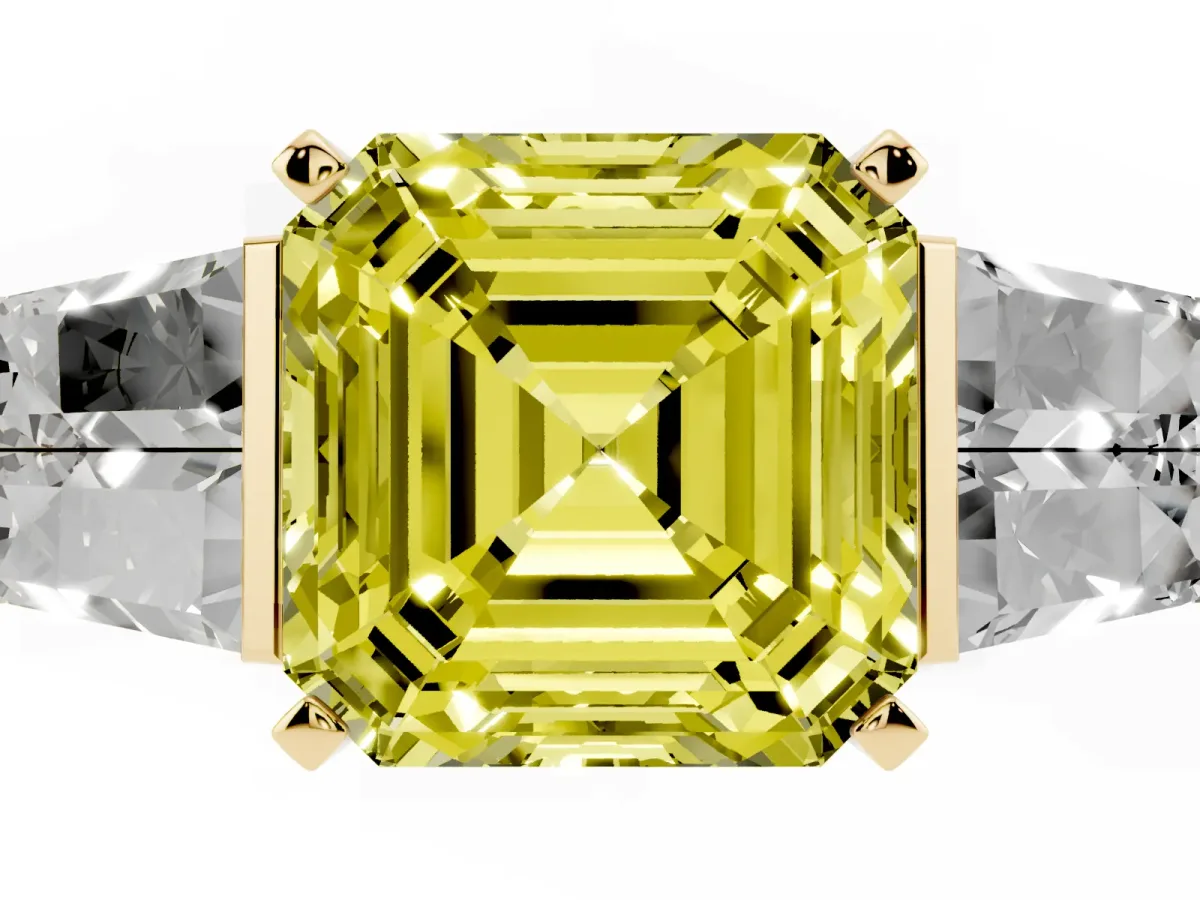 Fancy Yellow Asscher Cut Diamond Engagement Ring with Baguette Side Stones and Channel Set Band Yellow gold