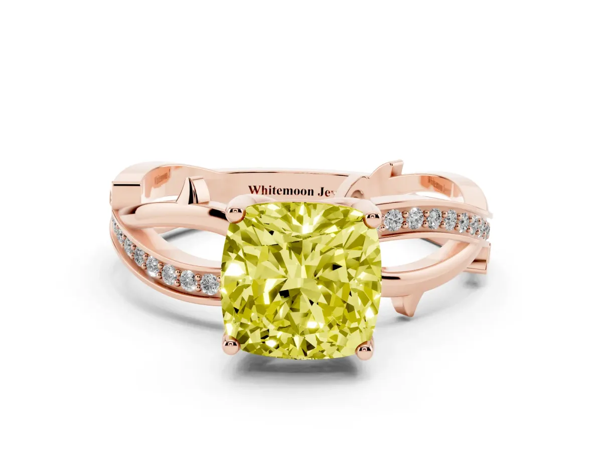Fancy Yellow Cushion Cut Solitaire Twist Band with Pavé Accents and Four-Prong Setting Rose gold
