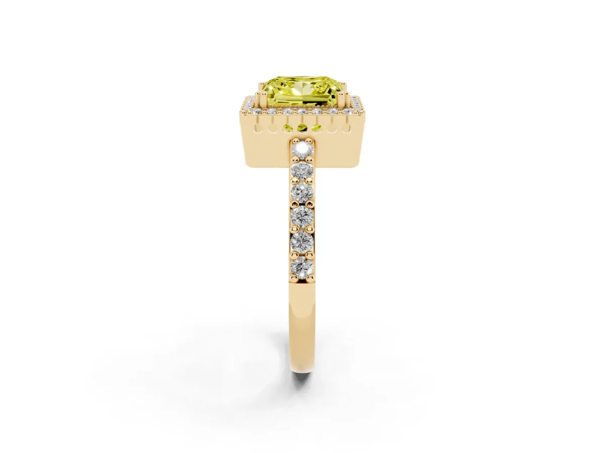 Fancy Yellow Princess Cut Cut Diamond Halo Engagement Ring with Milgrain Detail and Pavé Band Yellow gold