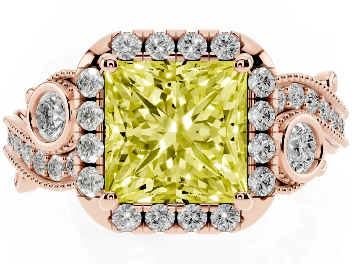 Fancy Yellow Princess Cut Diamond Halo Ring with Milgrain Pavé Band and Four-Prong Setting Rose gold