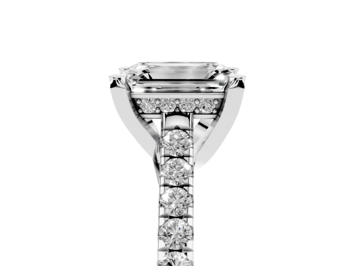 Emerald Cut Brilliant Diamond Solitaire with Pavé Band and Four-Prong Setting Silver