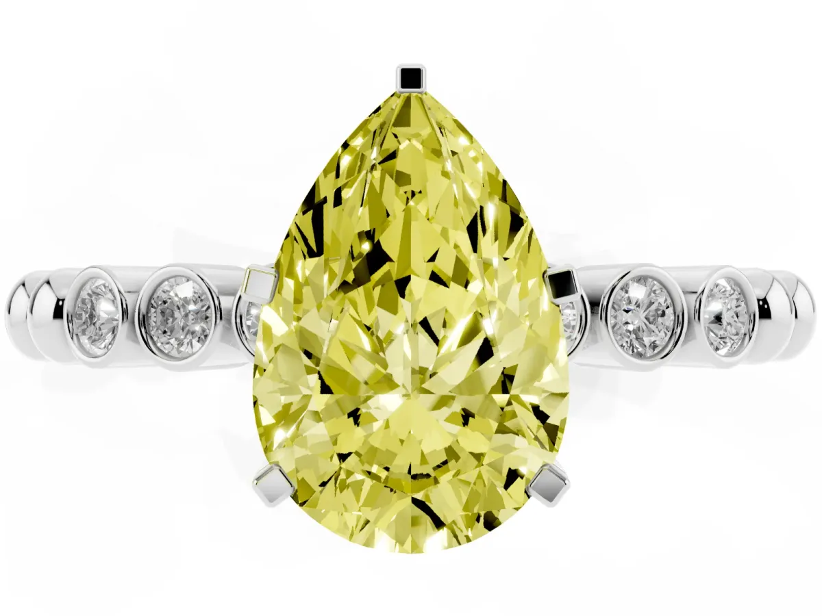 Fancy Yellow Pear Cut Solitaire Bezel Accent Diamond Engagement Ring with Beaded Band and Four-Prong Setting Platinum