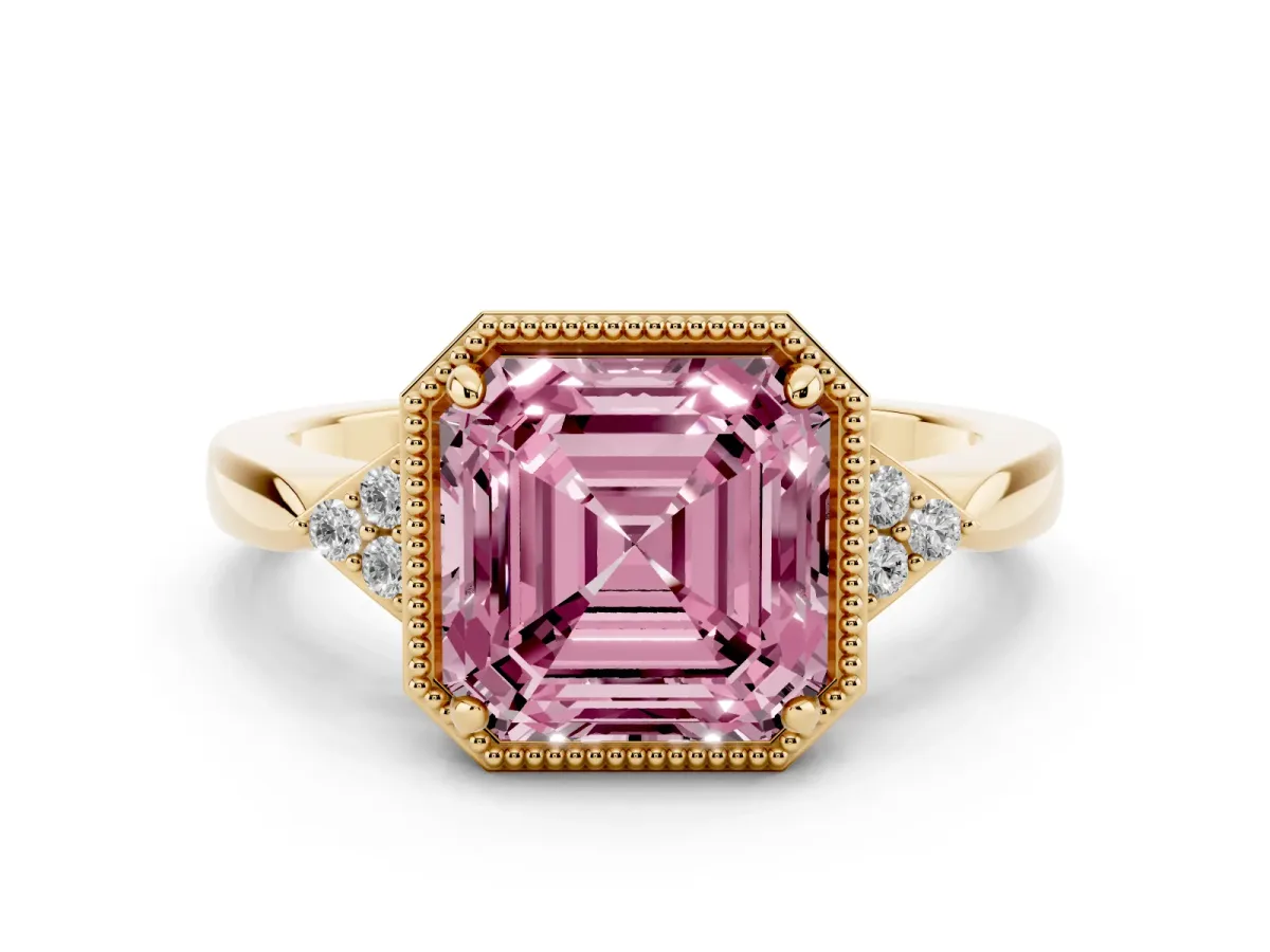 Fancy Pink Asscher Cut Diamond Halo Ring with Tapered Band and Four-Prong Setting Yellow gold