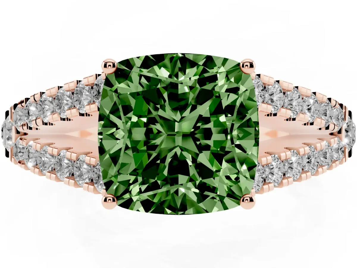 Fancy Green Cushion Cut Diamond Split Shank Pavé Engagement Ring with Four-Prong Setting Rose gold