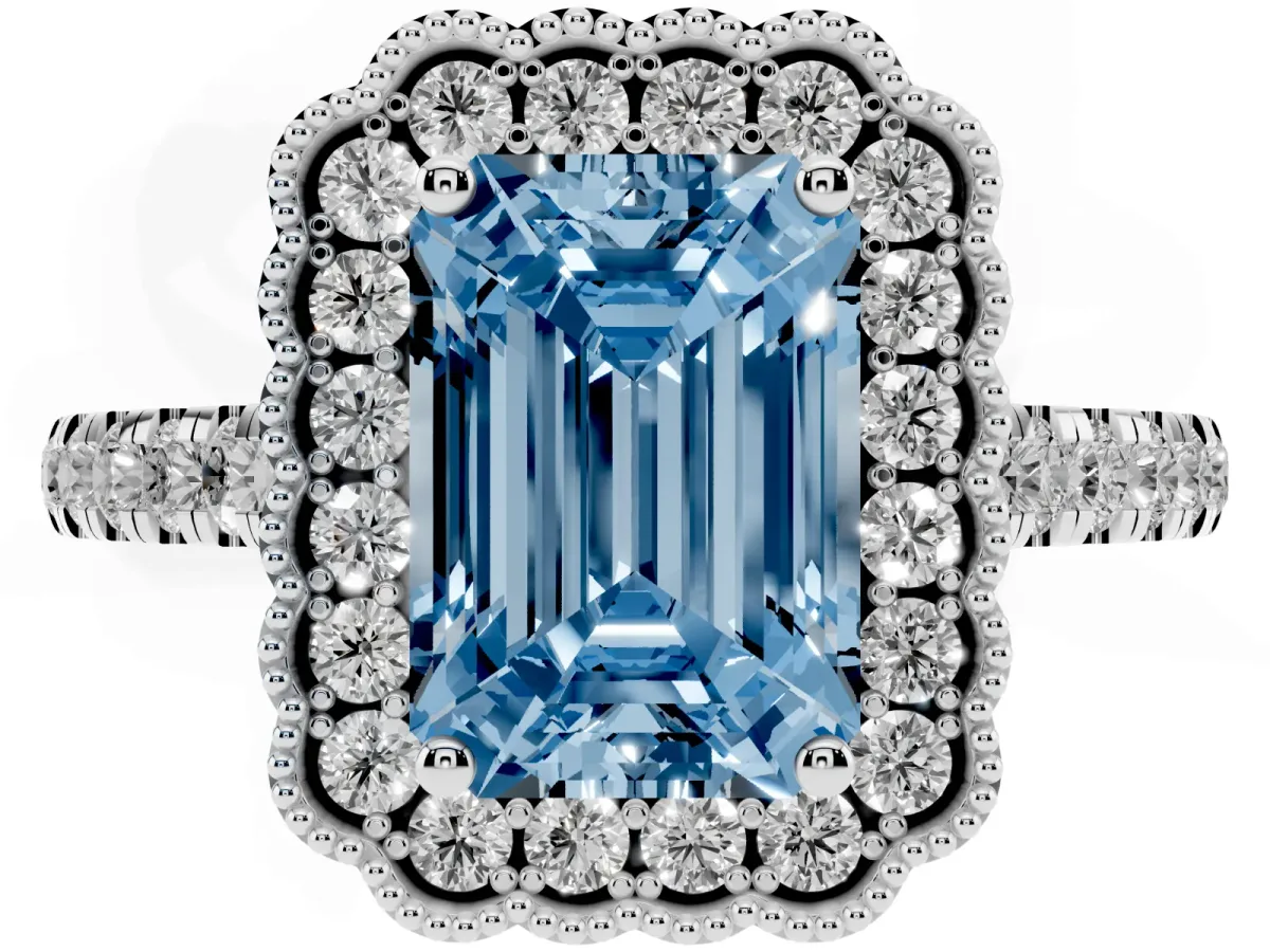 Fancy Blue Emerald Cut Cut Diamond Milgrain Floral Halo Engagement Ring with Pavé Band Silver