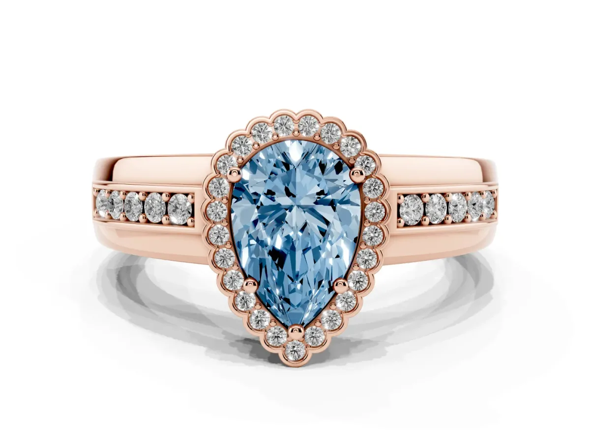 Fancy Blue Pear Cut Cut Halo Pave Band Four-Prong Ring Rose gold