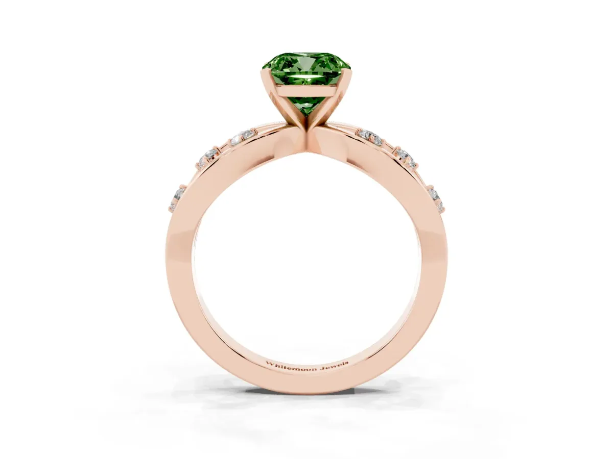 Fancy Green Cushion Cut Cut Solitaire Diamond with Side Stones on Criss-Cross Band and Four-Prong Setting Rose gold