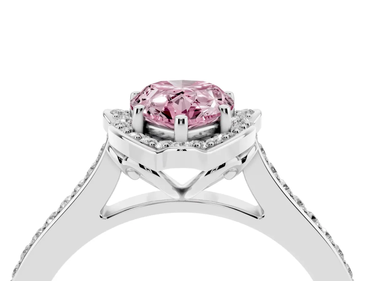 Fancy Pink Pear Cut Halo Round Diamond Pave Band with Four-Prong Setting White gold