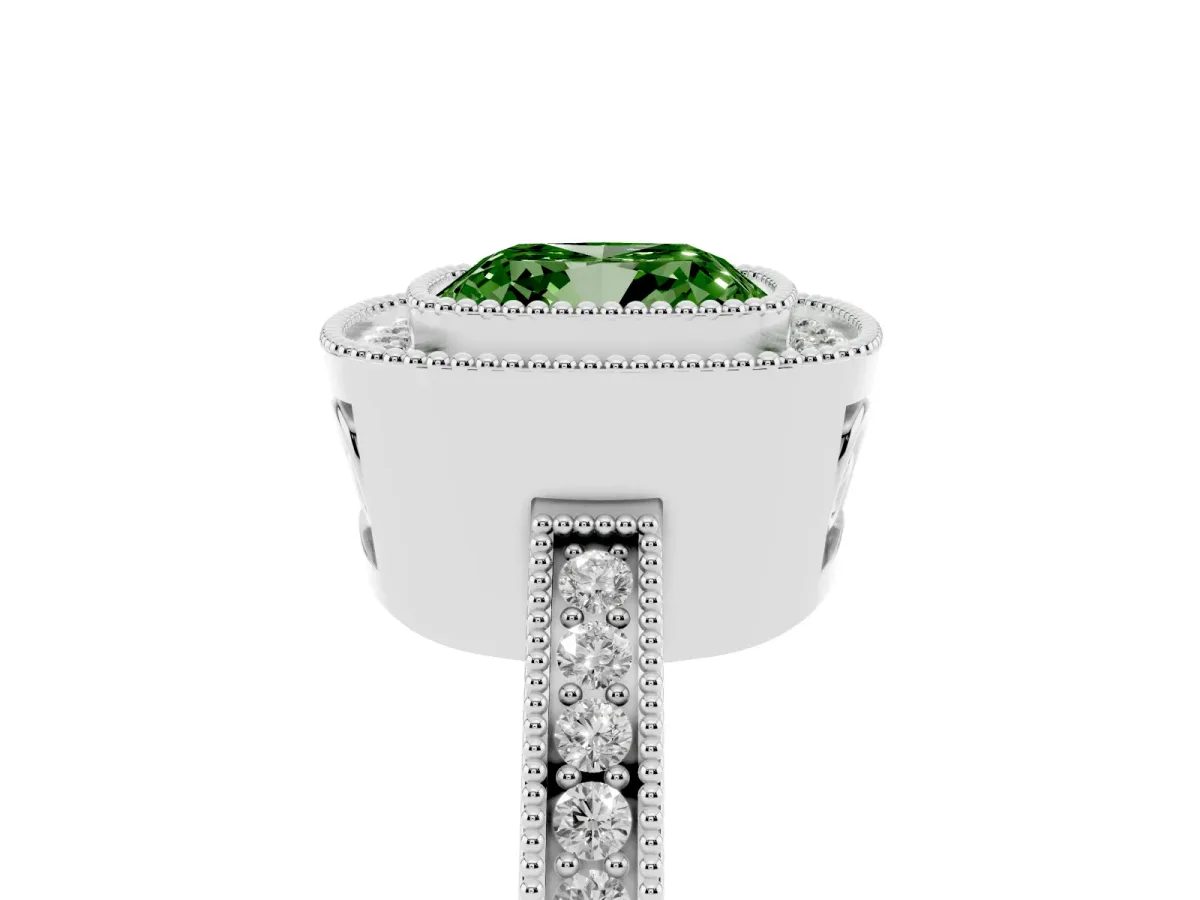 Fancy Green Cushion Cut Cut Halo Diamond Ring with Pavé Band and Milgrain Prong Setting Platinum