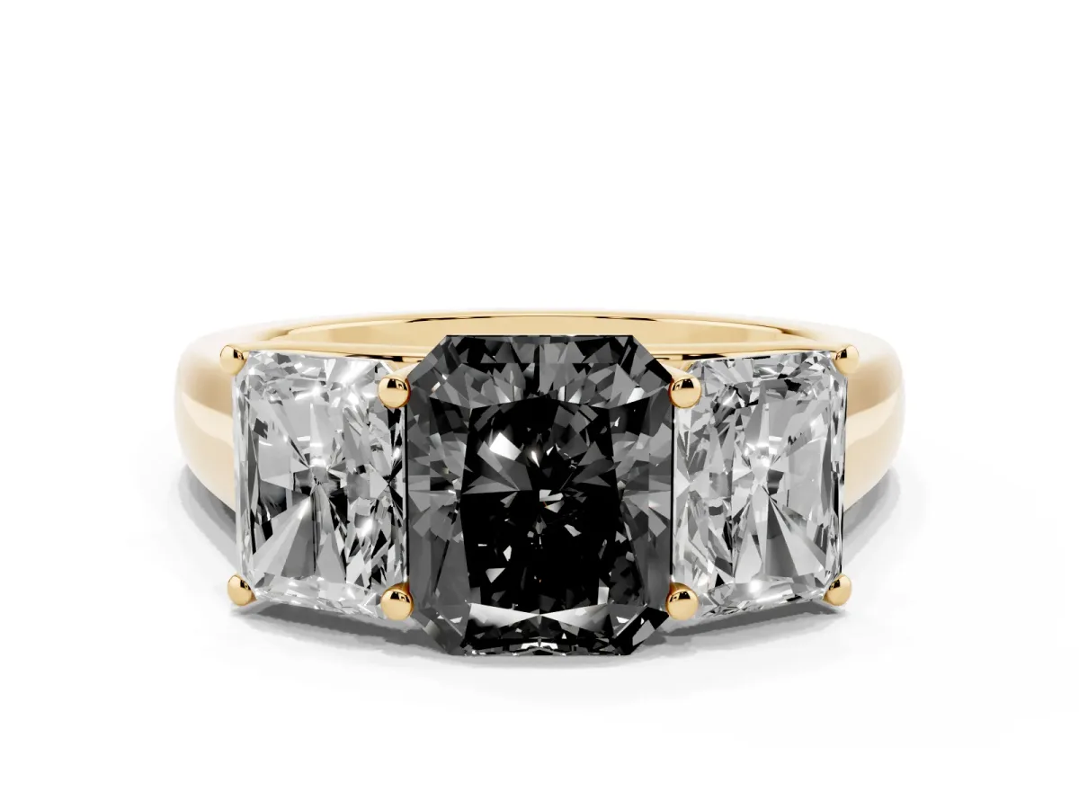 Fancy Black Radiant Cut Three-Stone Diamond Ring with Prong Setting on a Classic Band Yellow gold