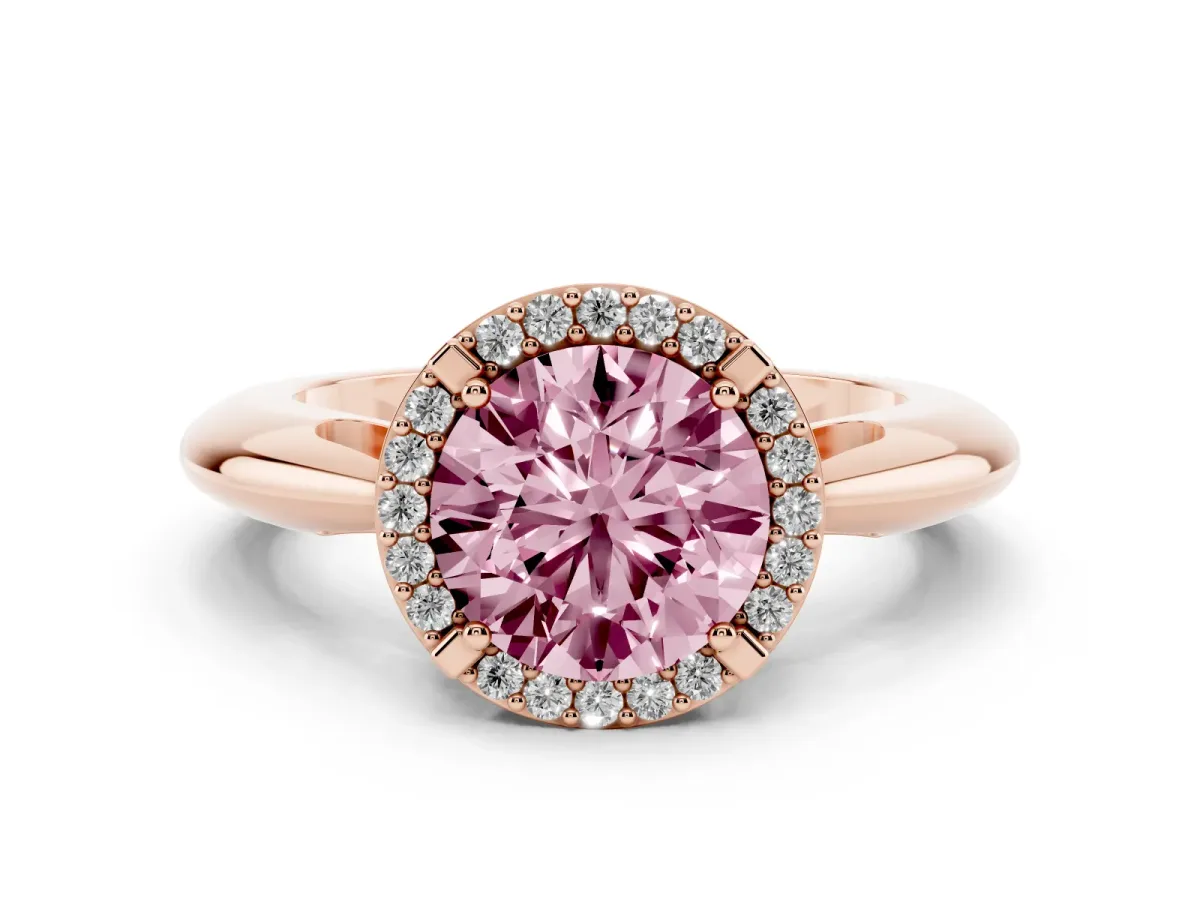 Fancy Pink Round Cut Cut Diamond Halo Engagement Ring with Split Shank and Four-Prong Setting Rose gold