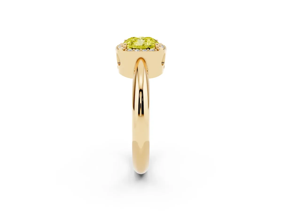 Fancy Yellow Cushion Cut Cut Diamond Halo Engagement Ring with Split Shank and Four-Prong Setting Yellow gold