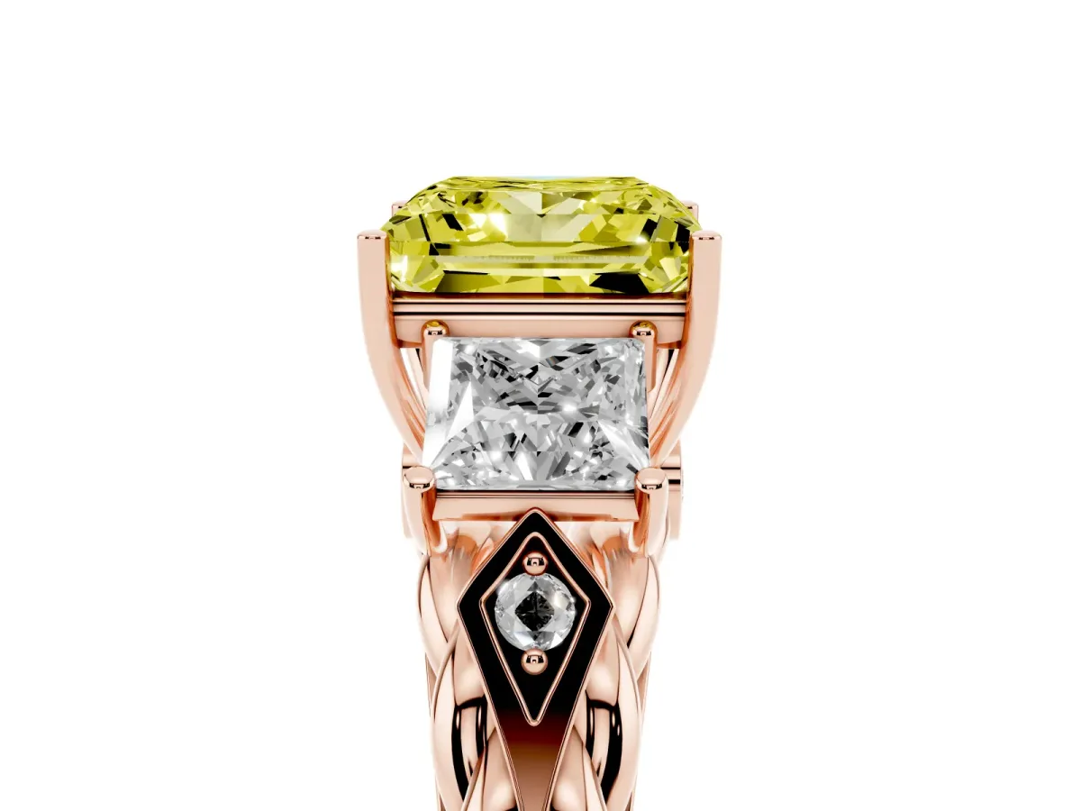 Fancy Yellow Three-Stone Princess Cut Diamond Braided Band Ring with Four-Prong Setting Rose gold
