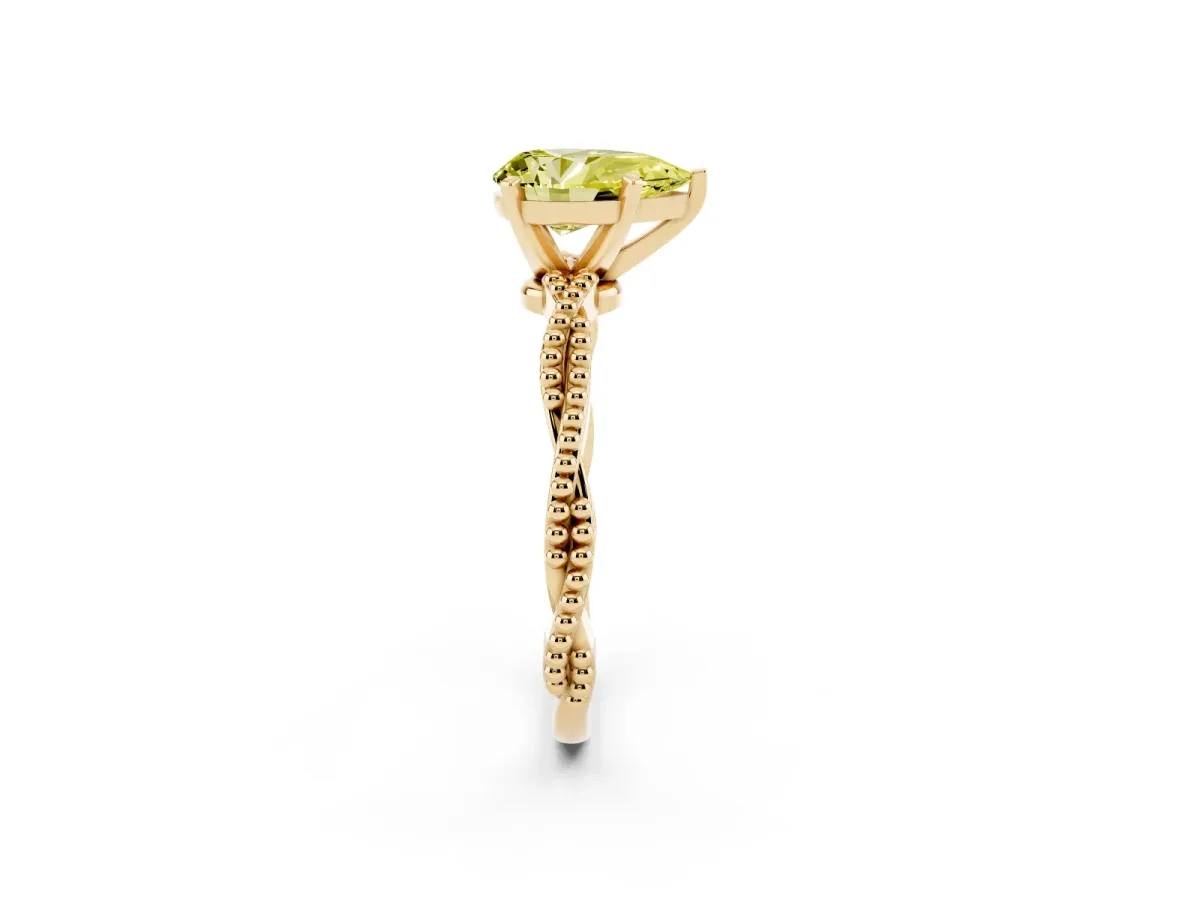 Fancy Yellow Pear Cut Solitaire Twisted Band with Bead Prong Setting Yellow gold