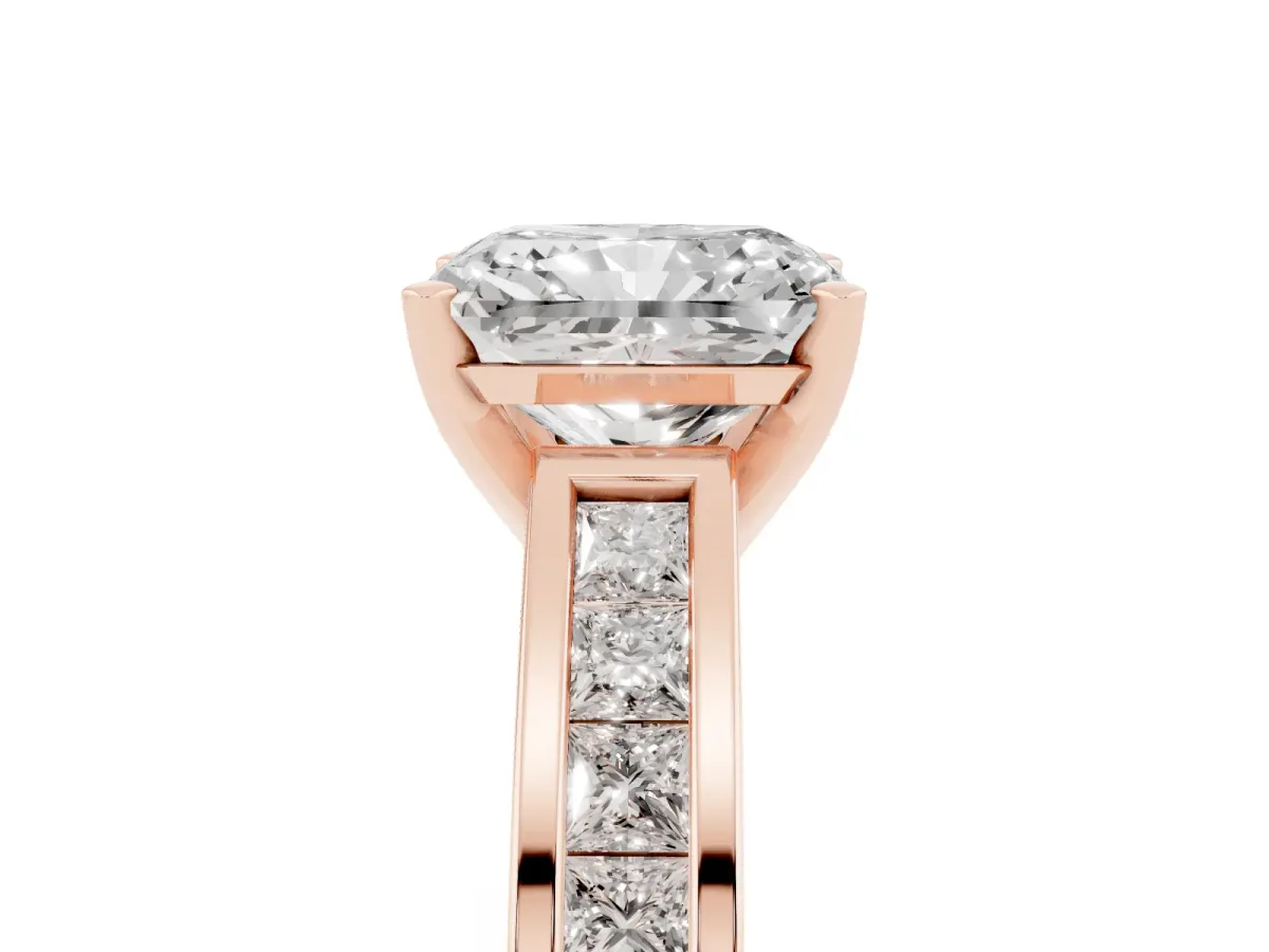 Radiant Cut Solitaire Diamond Ring with Channel-Set Band and Four-Prong Setting Rose gold
