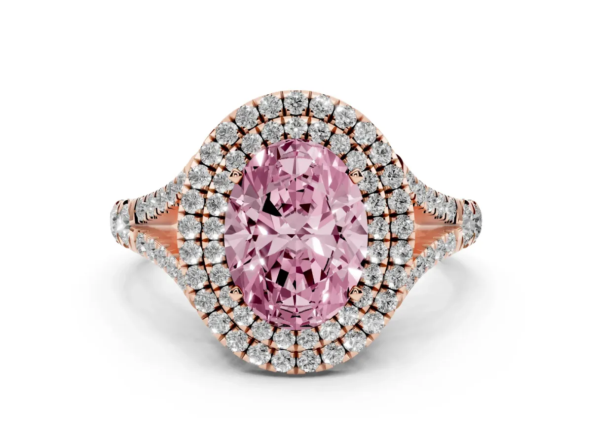 Fancy Pink Double Halo Oval Cut Diamond Split Shank Engagement Ring with Four-Prong Setting Rose gold