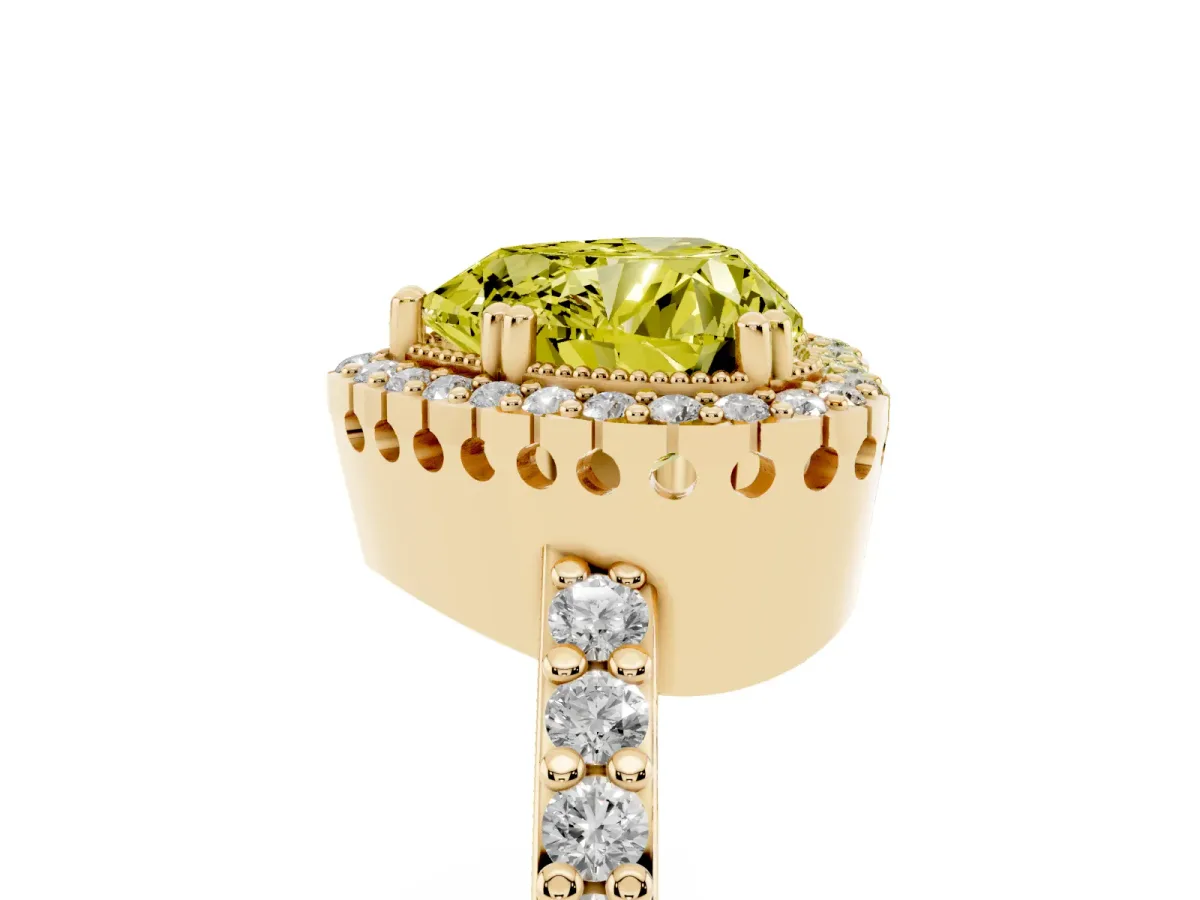Fancy Yellow Heart Cut Cut Diamond Halo Engagement Ring with Milgrain Detail and Pavé Band Yellow gold
