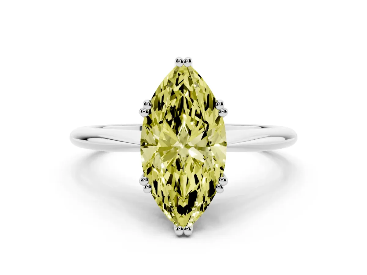 Fancy Yellow Marquise Cut Solitaire Diamond Ring with Six-Prong Setting and Classic Band Platinum