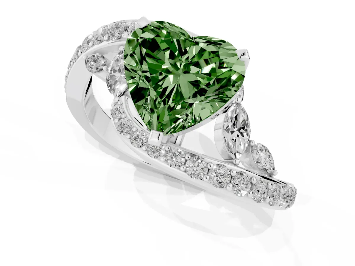Fancy Green Heart Cut Solitaire with Pavé Twist Band and Four-Prong Setting Platinum