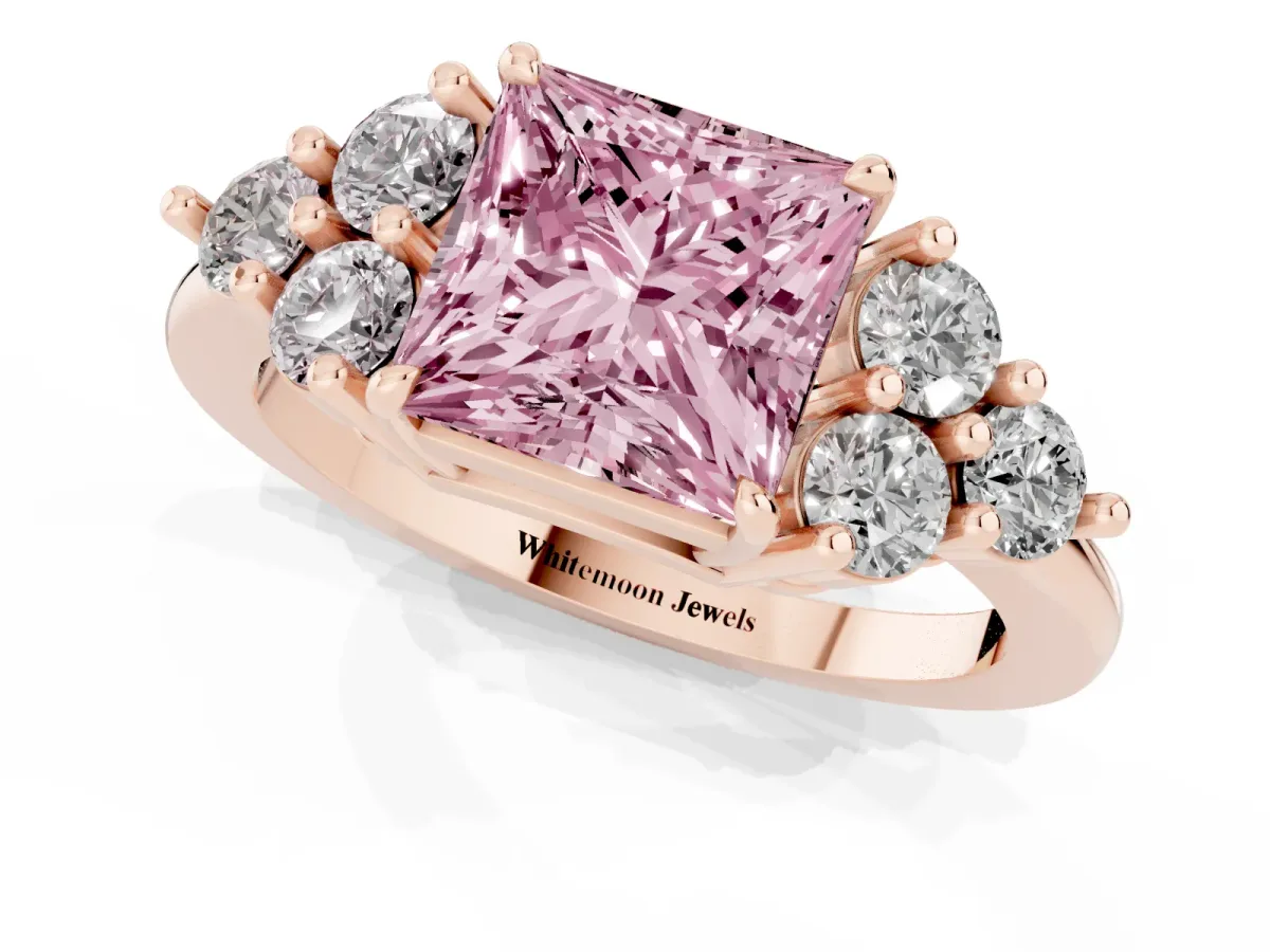 Fancy Pink Princess Cut Brilliant Diamond Cluster Accent Solitaire Ring with Prong Setting Rose gold