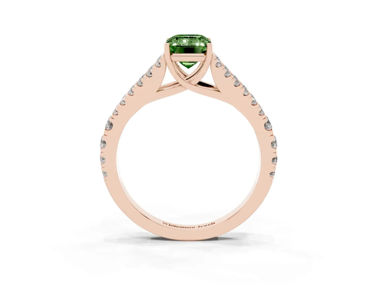 Fancy Green Emerald Cut Diamond Split Shank Engagement Ring with Round Pavé and Prong Setting Rose gold