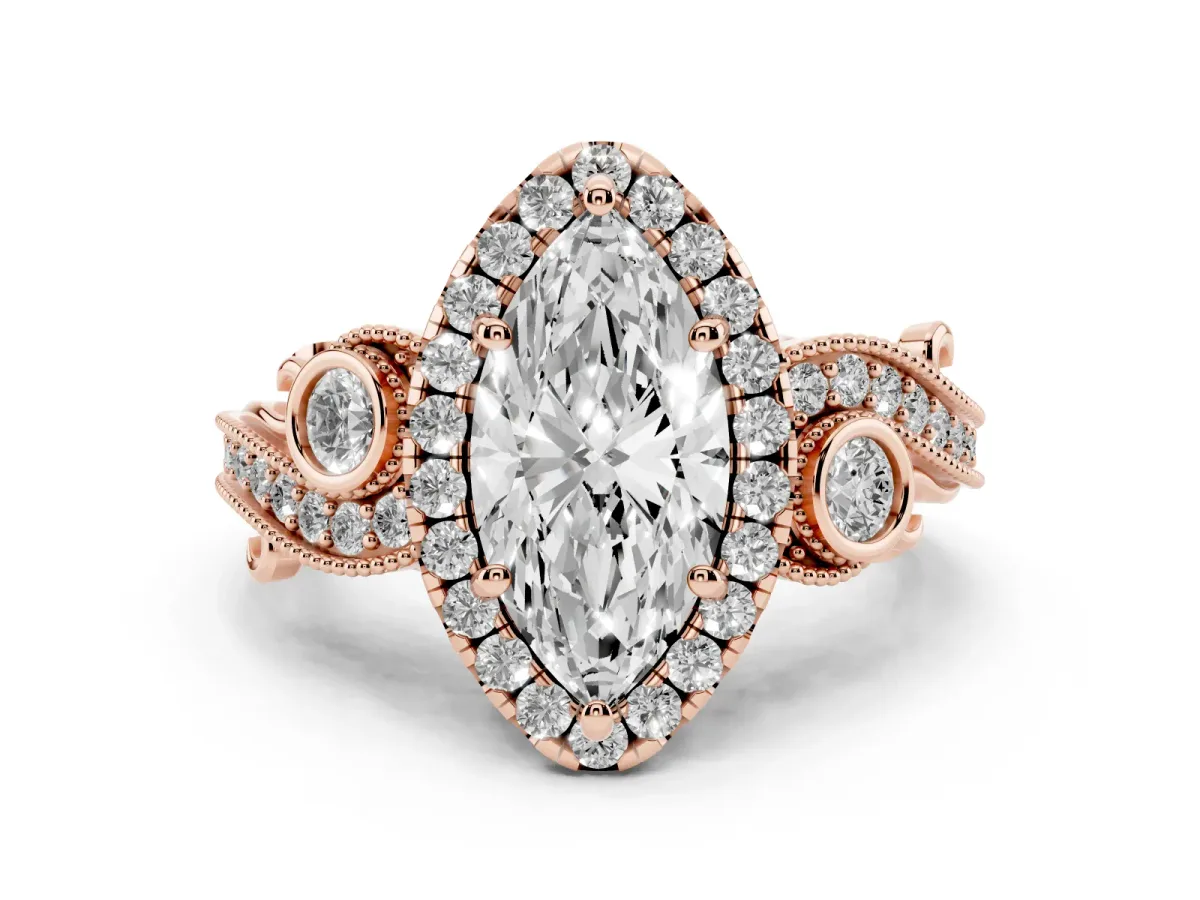 Marquise Cut Halo Diamond Ring with Milgrain and Bezel Accents on a Split Shank Band Rose gold