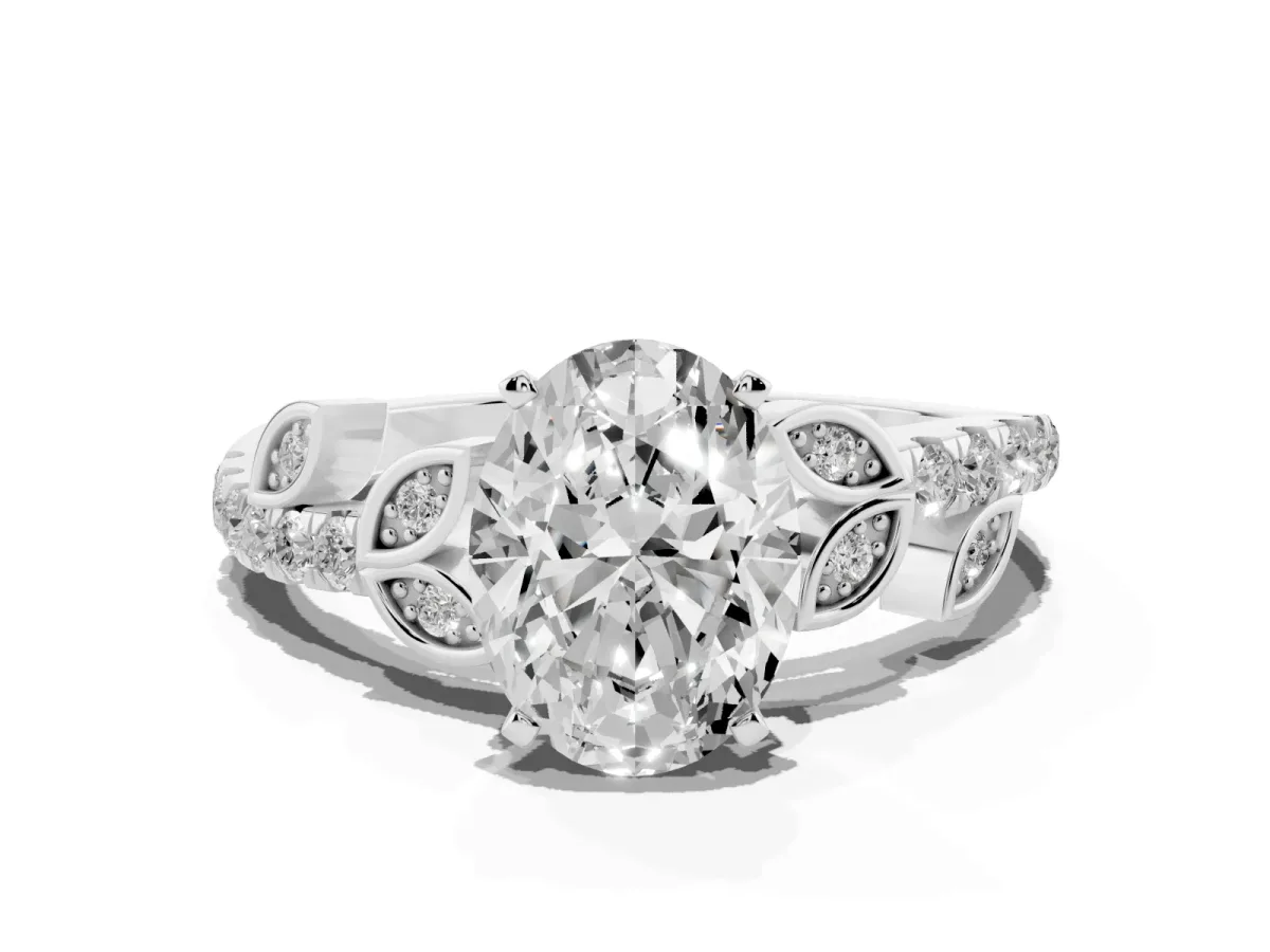 Oval Cut Solitaire Leaf-Inspired Diamond Ring with Pavé Band and Four-Prong Setting Platinum