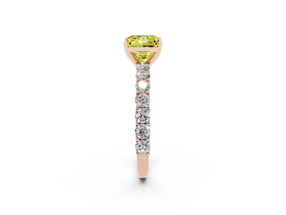 Fancy Yellow Princess Cut Diamond Solitaire Ring with Shared Prong Pavé Band and Four-Prong Setting Rose gold