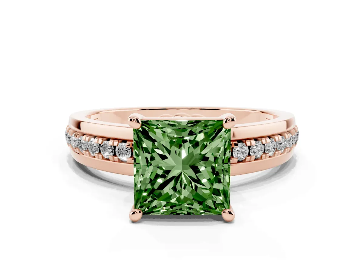 Fancy Green Princess Cut Solitaire Diamond Ring with Channel Set Band and Six-Prong Setting Rose gold