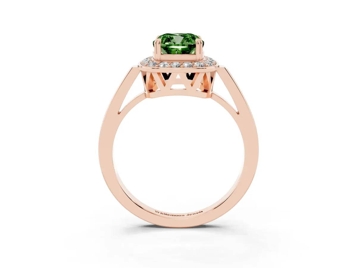 Fancy Green Cushion Cut Diamond Halo Ring with Split Shank and Four-Prong Setting Rose gold