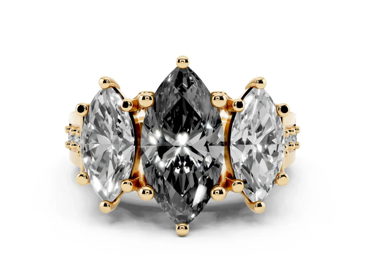 Fancy Black Marquise Cut Diamond Three-Stone Ring with Channel Set Band and Four-Prong Setting Yellow gold