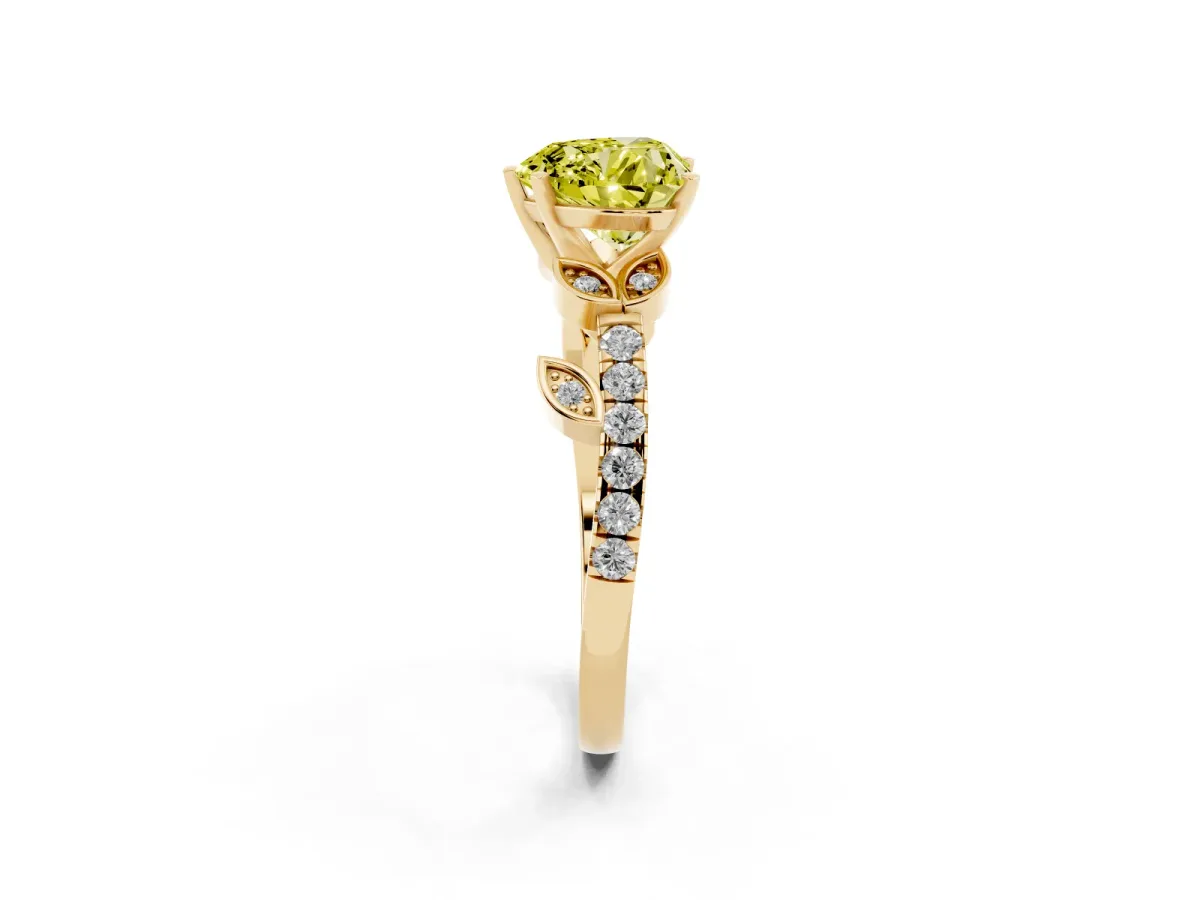 Fancy Yellow Heart Cut Solitaire Leaf-Inspired Diamond Ring with Pavé Band and Four-Prong Setting Yellow gold