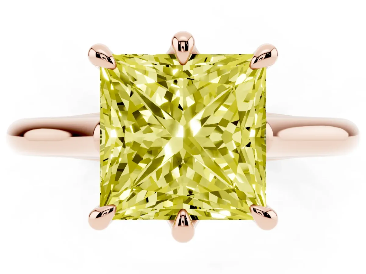 Fancy Yellow Princess Cut Solitaire Engagement Ring with Six-Prong Setting and Classic Band Rose gold